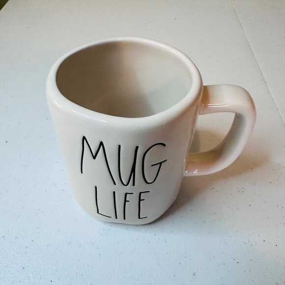 Rae Dunn "Mug Life" Ceramic Coffee Mug White Black Text elongated letters - Picture 8 of 8